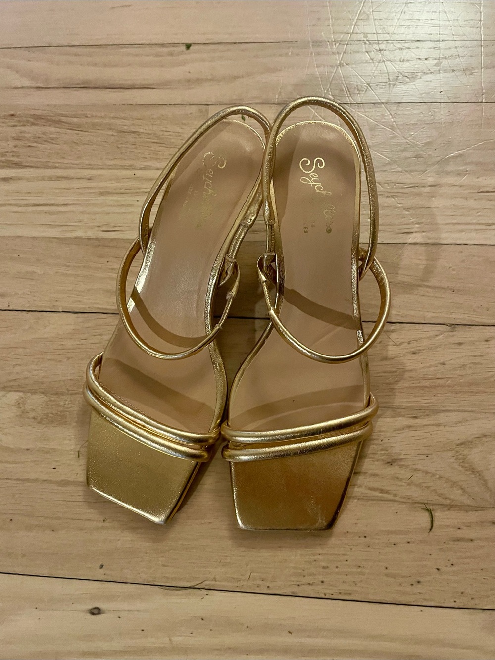 Seychelles Metallic Gold Square-Toe Strappy Slingback Heels